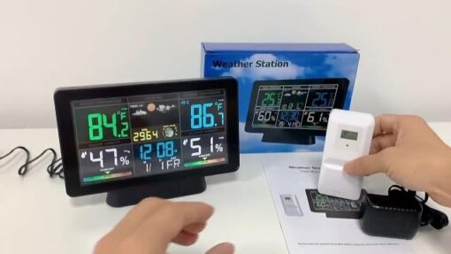 Cornesty Station Météo Sans Fil 8 en 1 Thermomètre Hygromètre Interieur Exterieur Avec Prévisions Météo 7,5 pouces Ecran LCD Couleur Rétro-Éclairé Station Meteo Avec Heure, Alarme, Date, Baromètre – Image 7