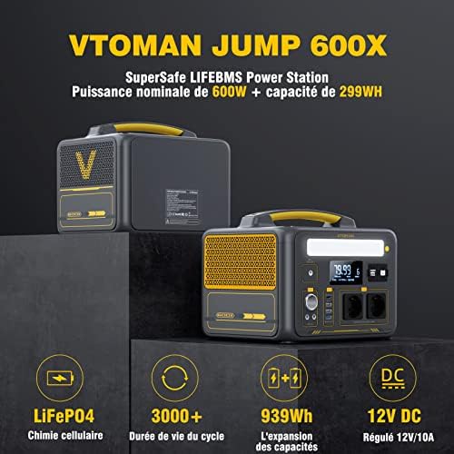 VTOMAN Jump 600X Station d'alimentation portable 600W, générateur solaire LiFePO4 de 299Wh avec capacité extensible, 2×prises AC, USB-C PD 60W, 3×prises DC régulées 12V/10A – Image 2
