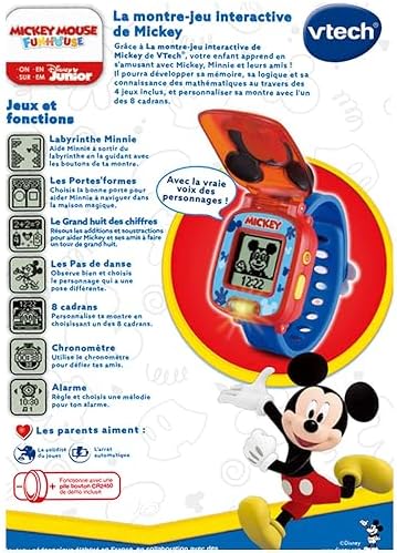 VTech - Disney Junior, La Montre-Jeu Interactive de Mickey, Clapet avec Écran Animé, Bracelet Souple, 8 Cadrans, 4 Jeux Éducatifs, Cadeau Enfant de 3 Ans à 7 Ans - Contenu en Français – Image 6