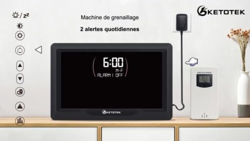 KETOTEK Station météo sans fil avec 3 capteurs extérieurs - Thermomètre numérique LCD - Hygromètre avec DCF - Réveil, Prévisions météorologiques, Phase de la lune, Lever et coucher du soleil – Image 7