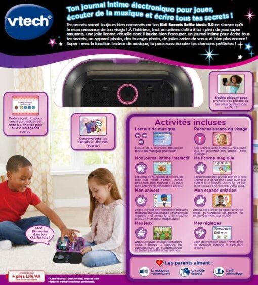 VTech - KidiSecrets Selfie Music 2.0 Noir, Journal Intime 8 en 1 avec Reconnaissance Faciale, Appareil Photo, Jouet Électronique Sons et Lumières, Cadeau Enfant de 6 à 12 Ans - Contenu en Français – Image 6