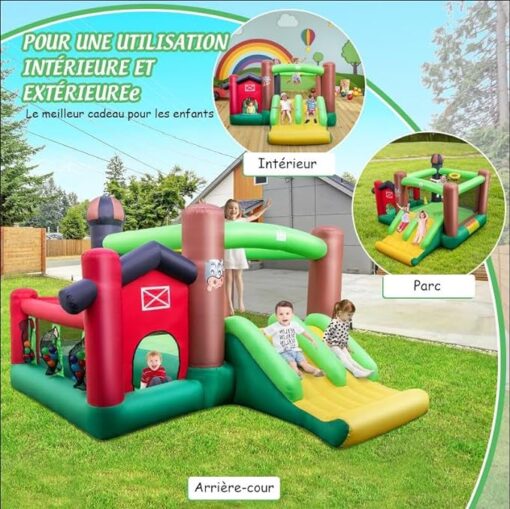 GOPLUS Château Gonflable Thème Village,Aire de Jeux pour 3 Enfants 3-10 Ans Jusqu’à 135KG avec Piscine de Ballon Océanique,Basket-Ball, Toboggan,Trampoline Intérieur Extérieur (sans souffleur) – Image 5