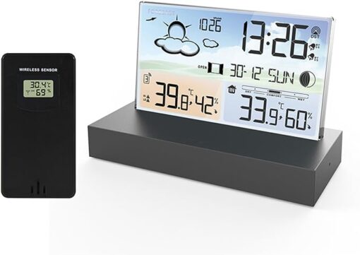 HJRUIUA Station Météo sans Fil Intérieur/Extérieur avec Capteur, LED Ecran Rétro-éclairage, Thermomètre, Hygromètre, Baromètre, Horloge Numérique, Alarme et Snooze, Prévisions Météo – Image 7