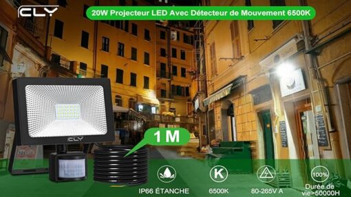 CLY Projecteur LED Avec Détecteur 50W Spot Avec Détecteur de Mouvement Blanc Chaud 2700K Lampe LED Avec 4300 Lumen Eclairage de Sécurité Avec IP66 Pour jardin Garage Cour – Image 7