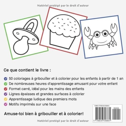 Livre à gribouiller dès 1 an: Livre de coloriage épais avec 50 jolis motifs simples à gribouiller, à colorier et à apprendre les premiers mots – Image 2