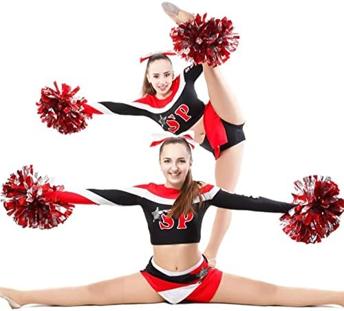Colexy Pom Poms Cheerleading, 4 Pièces Pompons de Pom-Pom Girl de Couleur, Métallique Boules de Fleurs de Pom Pom avec Poignée, Pompons de Danse pour Sport L'aérobic, Argent Mélangé avec Rouge – Image 7