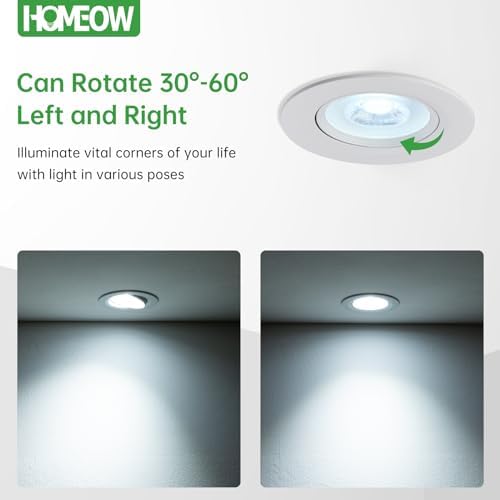 HOMEOW Lot de 12 Spot LED Encastrable Orientable, 5W Spot Led Plafond Encastrable, 450LM 6000K Blanc Froid Spot Encastrable LED Extra Plat 21mm, Spots Encastrés Trou Ø70-80mm, IP20, Blanc, Rond – Image 3