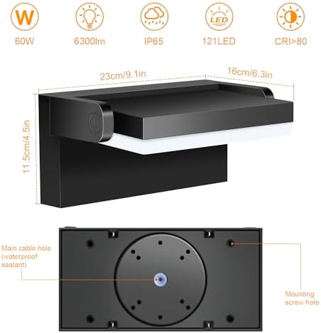 LEDMO 60W Applique Murale Exterieur, 6000Lm éclairage Mural d'extérieur étanche IP65, Lampe Projecteur Exterieur Led Réglable pour Terrasse Entrée Jardin, Noire 3000K. – Image 4