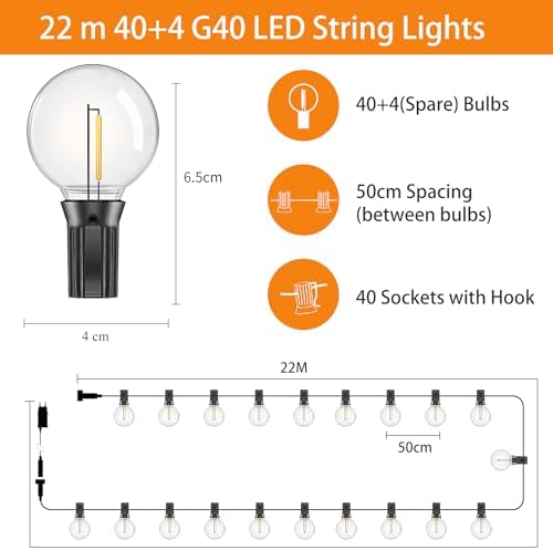 eisaro Guirlande Lumineuse Extérieure 22M 20M/71FT G40 LED Guirlande Guinguette avec 40+4 Ampoules, Étanche Extérieur Intérieur Guirlande,Guirlande Decorative Raccordable pour Jardin,Fête,Noël, Chaud – Image 5