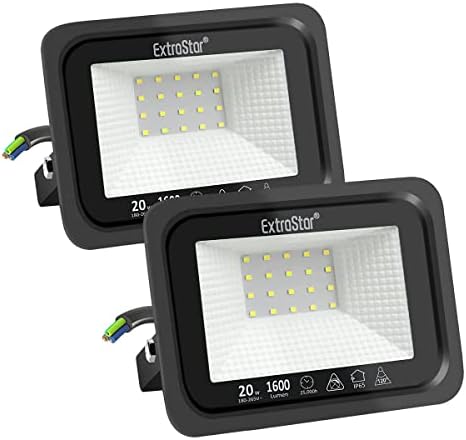 EXTRASTAR Projecteurs LED Extérieur 20W, IP65 Etanche, 1600LM, Spot LED Extérieur, 6500K Blanc Froid, Eclairage de Sécurité, pour Jardin Terrasse Garage Patio Grange Cour, Lot de 2