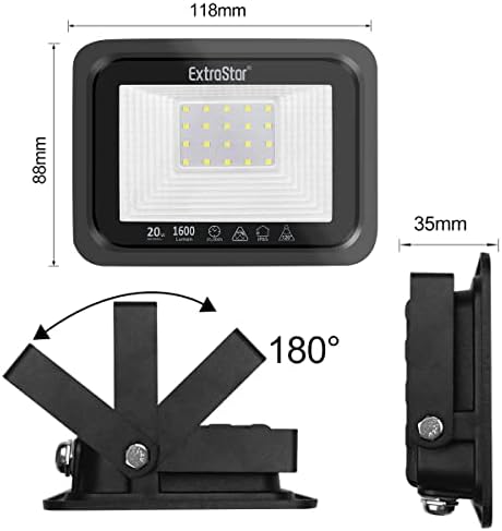 EXTRASTAR Projecteurs LED Extérieur 20W, IP65 Etanche, 1600LM, Spot LED Extérieur, 6500K Blanc Froid, Eclairage de Sécurité, pour Jardin Terrasse Garage Patio Grange Cour, Lot de 2 – Image 3