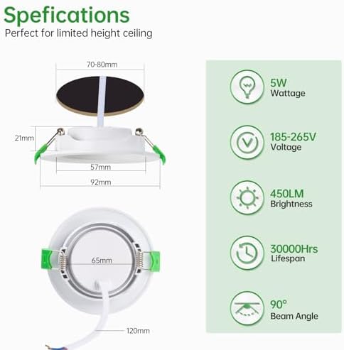 HOMEOW Lot de 12 Spot LED Encastrable Orientable, 5W Spot Led Plafond Encastrable, 450LM 6000K Blanc Froid Spot Encastrable LED Extra Plat 21mm, Spots Encastrés Trou Ø70-80mm, IP20, Blanc, Rond – Image 6