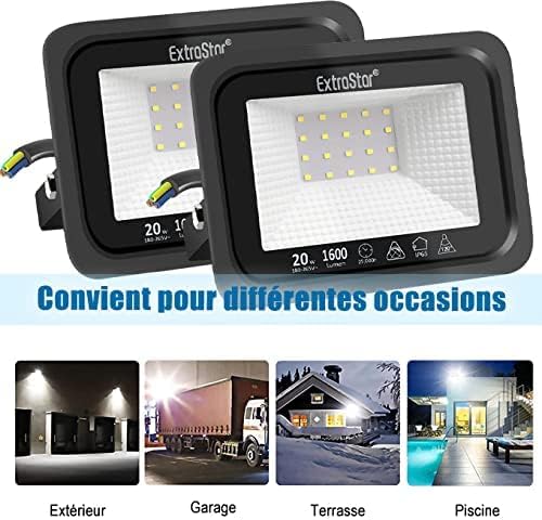 EXTRASTAR Projecteurs LED Extérieur 20W, IP65 Etanche, 1600LM, Spot LED Extérieur, 6500K Blanc Froid, Eclairage de Sécurité, pour Jardin Terrasse Garage Patio Grange Cour, Lot de 2 – Image 6