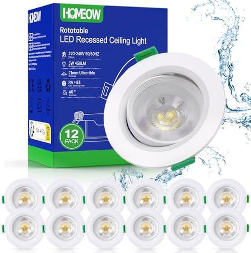 HOMEOW Lot de 12 Spot LED Encastrable Orientable, 5W Spot Led Plafond Encastrable, 450LM 6000K Blanc Froid Spot Encastrable LED Extra Plat 21mm, Spots Encastrés Trou Ø70-80mm, IP20, Blanc, Rond