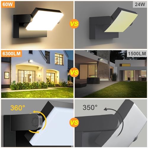 LEDMO 60W Applique Murale Exterieur, 6000Lm éclairage Mural d'extérieur étanche IP65, Lampe Projecteur Exterieur Led Réglable pour Terrasse Entrée Jardin, Noire 3000K. – Image 5