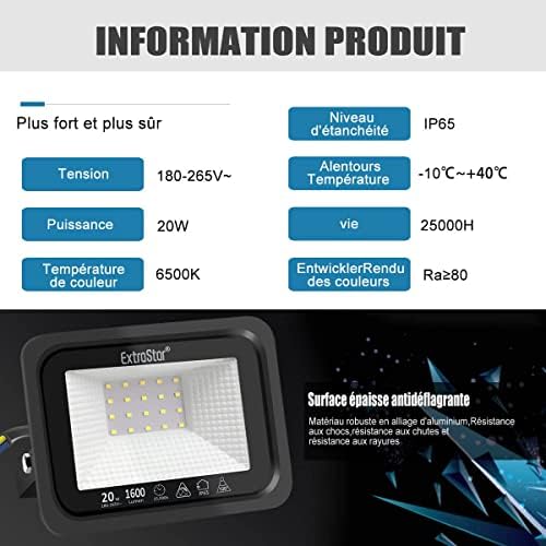 EXTRASTAR Projecteurs LED Extérieur 20W, IP65 Etanche, 1600LM, Spot LED Extérieur, 6500K Blanc Froid, Eclairage de Sécurité, pour Jardin Terrasse Garage Patio Grange Cour, Lot de 2 – Image 2