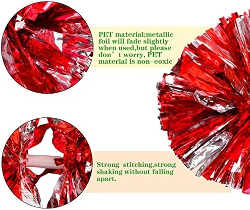Colexy Pom Poms Cheerleading, 4 Pièces Pompons de Pom-Pom Girl de Couleur, Métallique Boules de Fleurs de Pom Pom avec Poignée, Pompons de Danse pour Sport L'aérobic, Argent Mélangé avec Rouge – Image 4