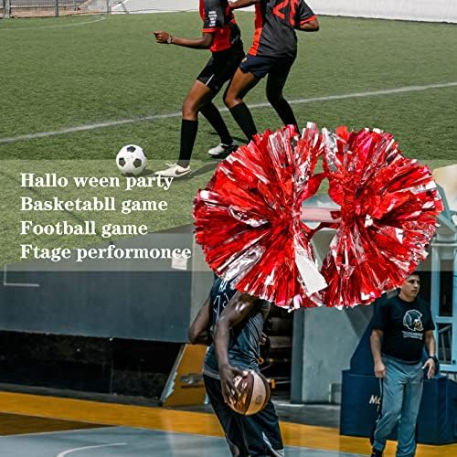Colexy Pom Poms Cheerleading, 4 Pièces Pompons de Pom-Pom Girl de Couleur, Métallique Boules de Fleurs de Pom Pom avec Poignée, Pompons de Danse pour Sport L'aérobic, Argent Mélangé avec Rouge – Image 5