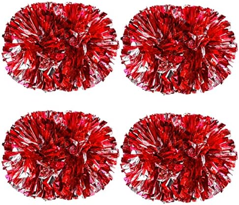 Colexy Pom Poms Cheerleading, 4 Pièces Pompons de Pom-Pom Girl de Couleur, Métallique Boules de Fleurs de Pom Pom avec Poignée, Pompons de Danse pour Sport L'aérobic, Argent Mélangé avec Rouge