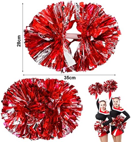 Colexy Pom Poms Cheerleading, 4 Pièces Pompons de Pom-Pom Girl de Couleur, Métallique Boules de Fleurs de Pom Pom avec Poignée, Pompons de Danse pour Sport L'aérobic, Argent Mélangé avec Rouge – Image 2