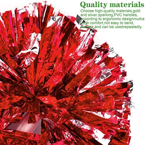 Colexy Pom Poms Cheerleading, 4 Pièces Pompons de Pom-Pom Girl de Couleur, Métallique Boules de Fleurs de Pom Pom avec Poignée, Pompons de Danse pour Sport L'aérobic, Argent Mélangé avec Rouge – Image 3