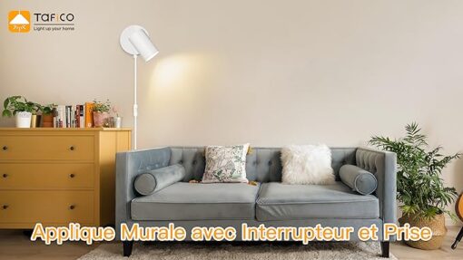 TaFiCo Applique Murale Interieur avec Interrupteur et Prise - Blanc Lampe Murale Orientable 350° Spot Luminaire Mural Vintage pour Chambre Salon Cuisine Sans Ampoule – Image 7