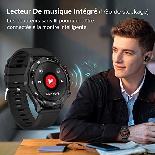 BRIBEJAT BT2 Montre Connectée Homme avec Appel,Montre Intelligente Étanche IP68,10 Mode Montre Sport Homme avec Podomètre Sommeil 128MB Mémoire Musicale,Smartwatch Fitness pour Android iOS,Noir – Image 3