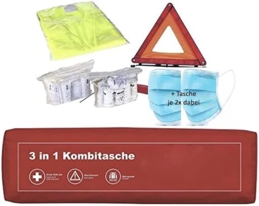 Sac multifonctions de premiers secours 3 en 1 pour voiture – Trio avec gilet de signalisation, kit de premiers secours et triangle de signalisation