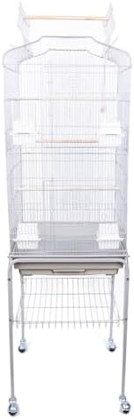 BAKAJI Cage volière pour Oiseaux, perroquets inséparables, calopsite, Cage perruches volatiles piédestal et Roues, Toit ouvrant et mangeoires, perchoirs en Bois, bac Amovible (Blanc) – Image 6