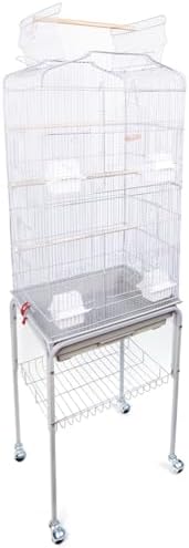 BAKAJI Cage volière pour Oiseaux, perroquets inséparables, calopsite, Cage perruches volatiles piédestal et Roues, Toit ouvrant et mangeoires, perchoirs en Bois, bac Amovible (Blanc) – Image 5