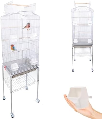 BAKAJI Cage volière pour Oiseaux, perroquets inséparables, calopsite, Cage perruches volatiles piédestal et Roues, Toit ouvrant et mangeoires, perchoirs en Bois, bac Amovible (Blanc)
