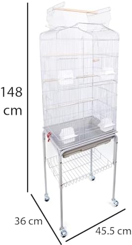 BAKAJI Cage volière pour Oiseaux, perroquets inséparables, calopsite, Cage perruches volatiles piédestal et Roues, Toit ouvrant et mangeoires, perchoirs en Bois, bac Amovible (Blanc) – Image 4
