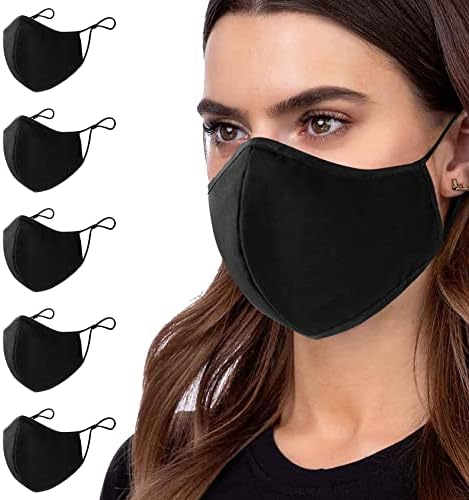 ANSTA Masque Tissu 5 Pièces Lavables Masques Faciaux en Coton Multifonctionnel Femmes Hommes Masque en tissu Lavable Tissu réutilisable unisexe Réglable Anti-poussière Doux Noir