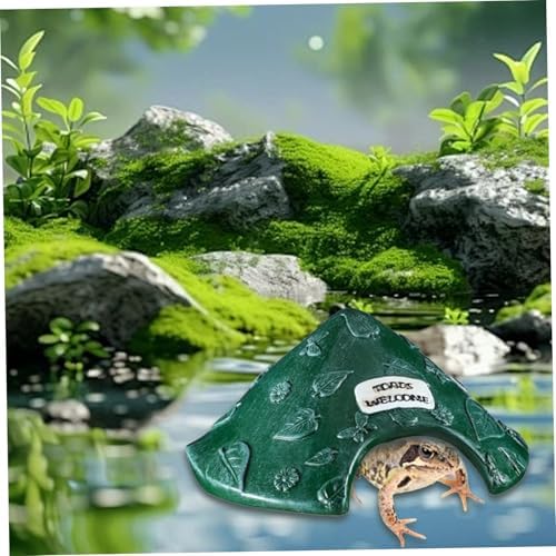 Lamppdcor Habitat de crapat Toad House 8x4in Leaf Motif Grenouille House résine protectrice Habitat de Crapaud avec Panneau de Bienvenue Tapon Mignon pour Jardin extérieur, Zoo, Aquarium, Vert – Image 4