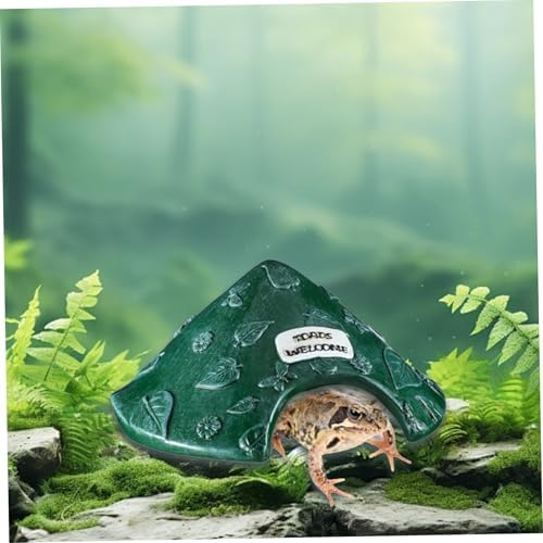 Lamppdcor Habitat de crapat Toad House 8x4in Leaf Motif Grenouille House résine protectrice Habitat de Crapaud avec Panneau de Bienvenue Tapon Mignon pour Jardin extérieur, Zoo, Aquarium, Vert – Image 3