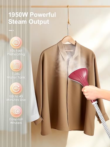 Yabano Défroisseur vertical et défroisseur à vapeur, 1950 W, vapeur constante 40 g/min, 11 fonctions vapeur, réservoir d'eau de 1,35 l, préchauffage rapide en 10 secondes, cuiseur vapeur vertical – Image 5