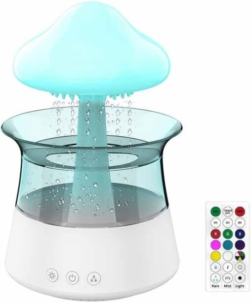 Humidificateur à nuage de pluie pour chambre à coucher et chambre d'enfant, diffuseur d'huile en forme de champignon avec LED 7 couleurs pouvant être utilisé comme veilleuse (avec télécommande)