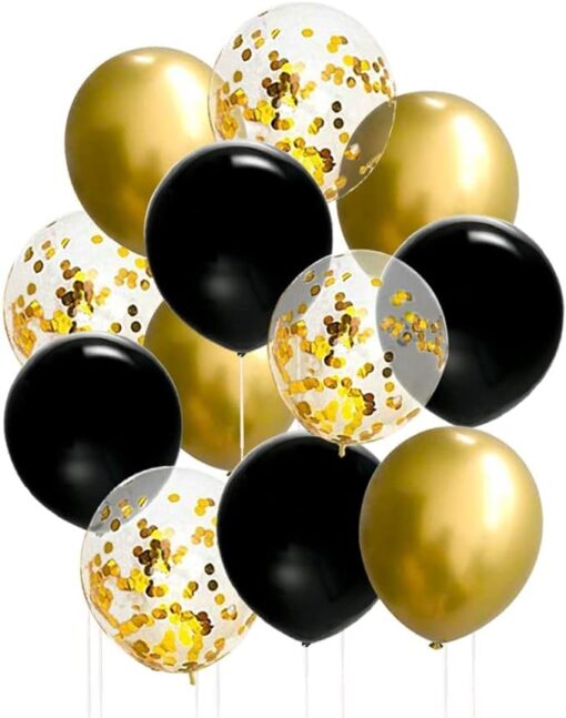 60 Pièces 12 Pouces Ballons Anniversaire Noir Et or Ballons Confettis Ballon Noir Métallique Ballons En Latex Ballon Helium Pour Mariage Valentin Decoration Festival Fête Célébrations – Image 2