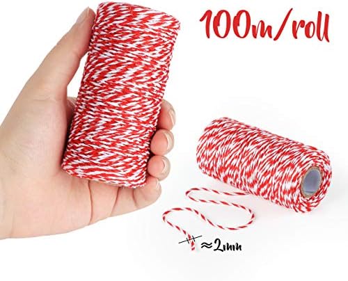 2 x Ficelle de Noël en Coton,ilauke 100M x 2 mm Ficelle Rouge et Blanche,Corde de Noël Rouge Ficelle de Coton pour l'Emballage Cadeaux,Bricolages,Cuisson,Bouchers,Décoration de Noël,Loisirs Créatifs – Image 4