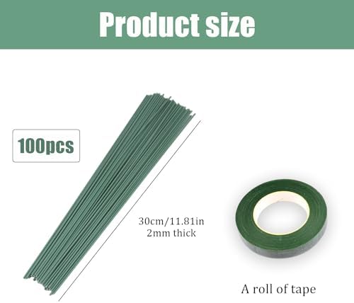 RYAN 100 Pièces Fil de Fer Fleuriste 2 MM Tige Fleur Artificielle avec 1 Ruban Adhesif Vert Fil de Fleurs 30 CM Florist Wir pour le Bricolage Les Arrangements Floraux Les Travaux Manuels (Vert) – Image 2