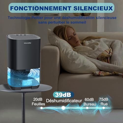 Powate Déshumidificateur 1000 ML,Déshumidificateur d'Air Electrique Silencieux Portable Compact Arrêt Automatique,Silencieux,Résistance à La Moisissure,Lumière7 LED Couleur,Chambre,Bain, Armoire,Noir – Image 5