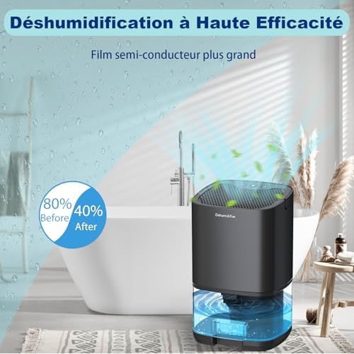 Powate Déshumidificateur 1000 ML,Déshumidificateur d'Air Electrique Silencieux Portable Compact Arrêt Automatique,Silencieux,Résistance à La Moisissure,Lumière7 LED Couleur,Chambre,Bain, Armoire,Noir – Image 3