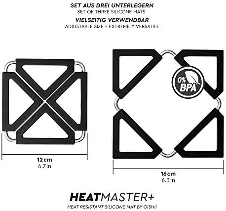 Oishii Heatmater - Lot de 3 Dessous de Plat Extensibles en Silicone et INOX, Carré, Noir – Image 2
