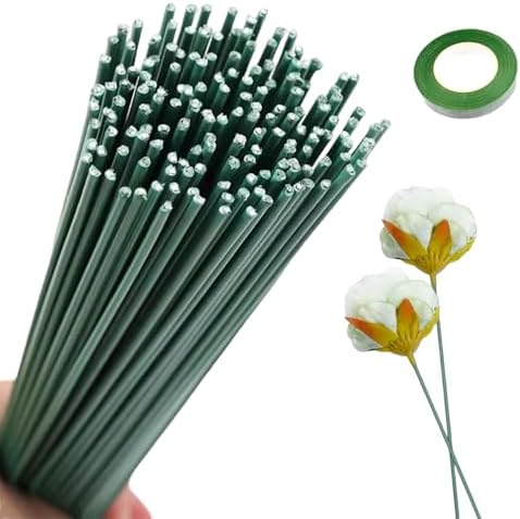 RYAN 100 Pièces Fil de Fer Fleuriste 2 MM Tige Fleur Artificielle avec 1 Ruban Adhesif Vert Fil de Fleurs 30 CM Florist Wir pour le Bricolage Les Arrangements Floraux Les Travaux Manuels (Vert)