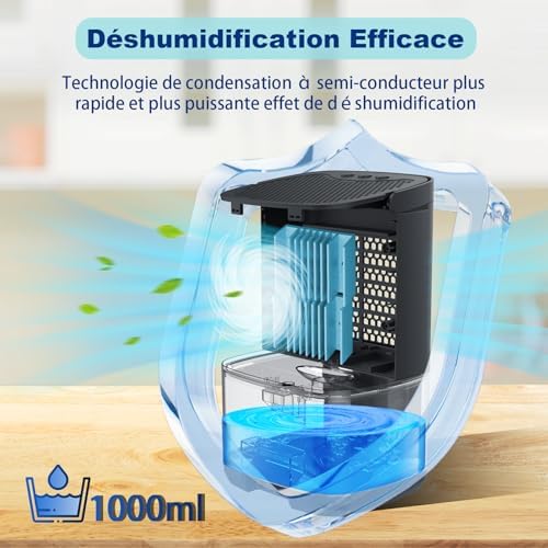 Powate Déshumidificateur 1000 ML,Déshumidificateur d'Air Electrique Silencieux Portable Compact Arrêt Automatique,Silencieux,Résistance à La Moisissure,Lumière7 LED Couleur,Chambre,Bain, Armoire,Noir – Image 2