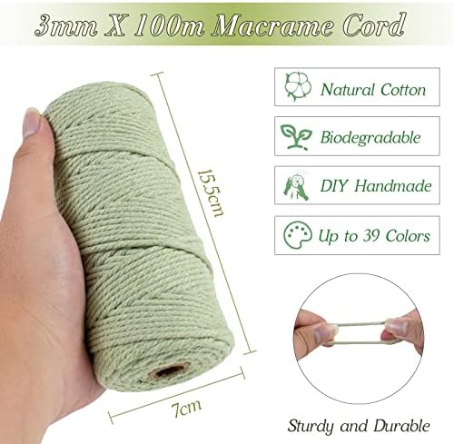 Uiopa Corde Macramé 3mm x 100m Ficelle Macramé Naturel Cordon Coton Fil Macramé 3mm Cordelette pour Suspension Murale Tressée de Plante Rideau Bricolage Décoration Intérieure Boho (Haricot Vert) – Image 3