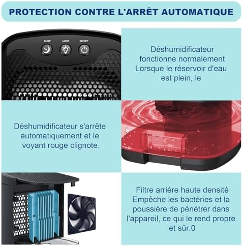 Powate Déshumidificateur 1000 ML,Déshumidificateur d'Air Electrique Silencieux Portable Compact Arrêt Automatique,Silencieux,Résistance à La Moisissure,Lumière7 LED Couleur,Chambre,Bain, Armoire,Noir – Image 4