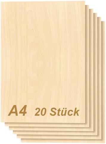 Tocome 20 pièces A4 contreplaqué 3mm tilleul 297 x 210 x 3mm contreplaqué laser 3mm plaque bois planche de tilleul 3mm basswood plywood