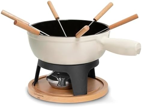 La Fonderie 1890 Service à Fondue en Fonte 6 Personnes Mont Blanc, Fondues Fromage et Chocolat, 6 Fourchettes avec Manches en Bois de hêtre, Socle en Bois Naturel, Capacité 1,8L – Image 2