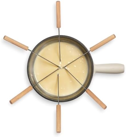 La Fonderie 1890 Service à Fondue en Fonte 6 Personnes Mont Blanc, Fondues Fromage et Chocolat, 6 Fourchettes avec Manches en Bois de hêtre, Socle en Bois Naturel, Capacité 1,8L – Image 5